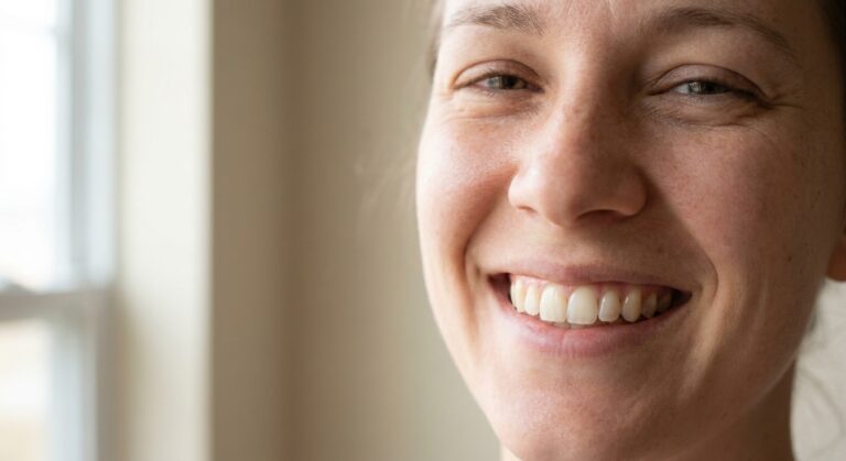 Close-up of a natural, confident smile showing healthy white teeth in soft natural lighting