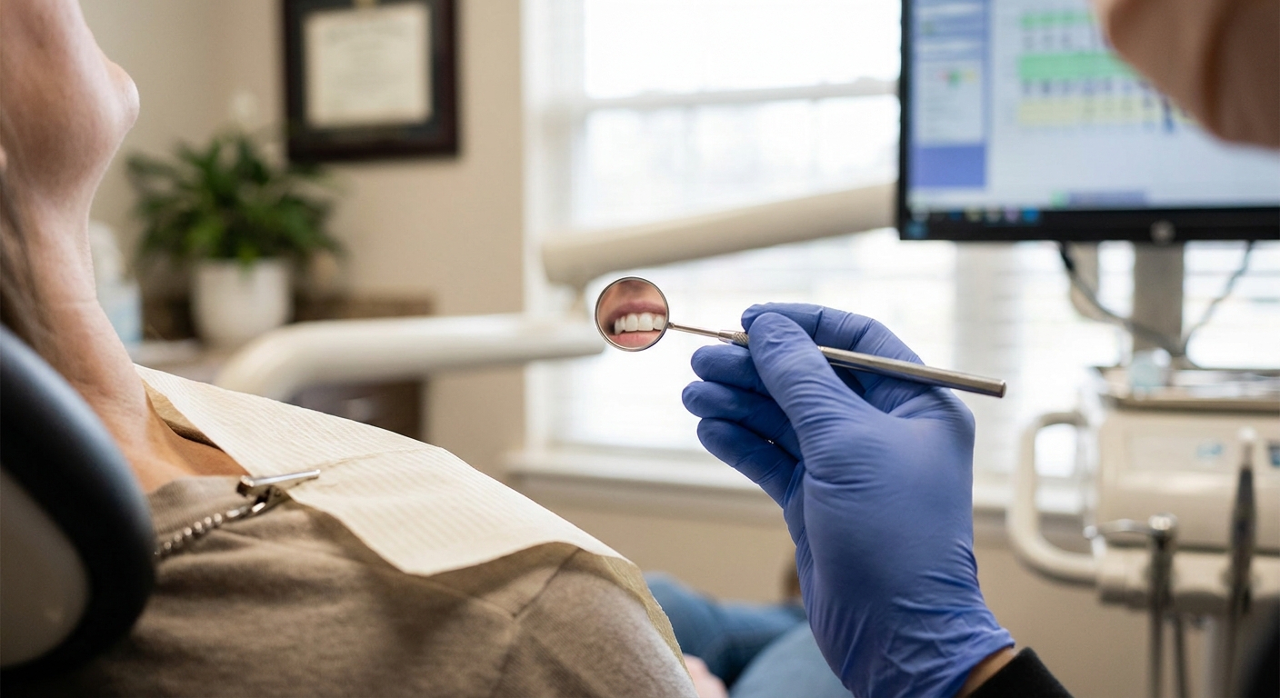 Dentist examining patient's front tooth with dental mirror during cosmetic dentistry consultation