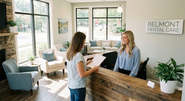 Welcoming front desk area at Belmont Dental with receptionist greeting new patient in naturally lit office