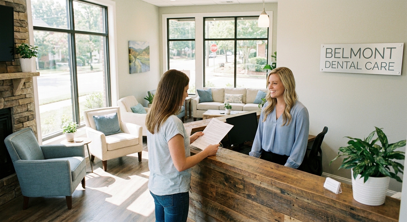 Welcoming front desk area at Belmont Dental with receptionist greeting new patient in naturally lit office