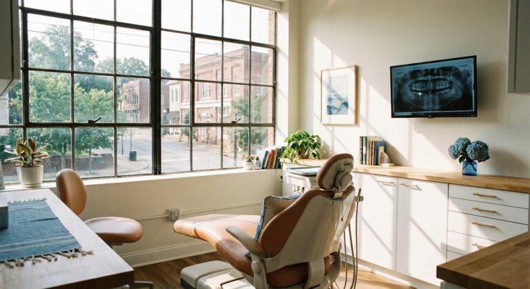 Sunlit dental examination room with patient chair and digital imaging monitor at Belmont Dental office