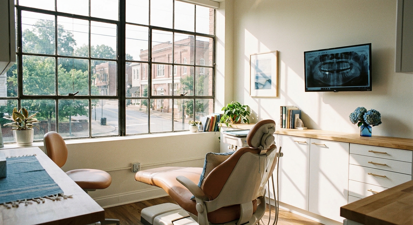 Sunlit dental examination room with patient chair and digital imaging monitor at Belmont Dental office
