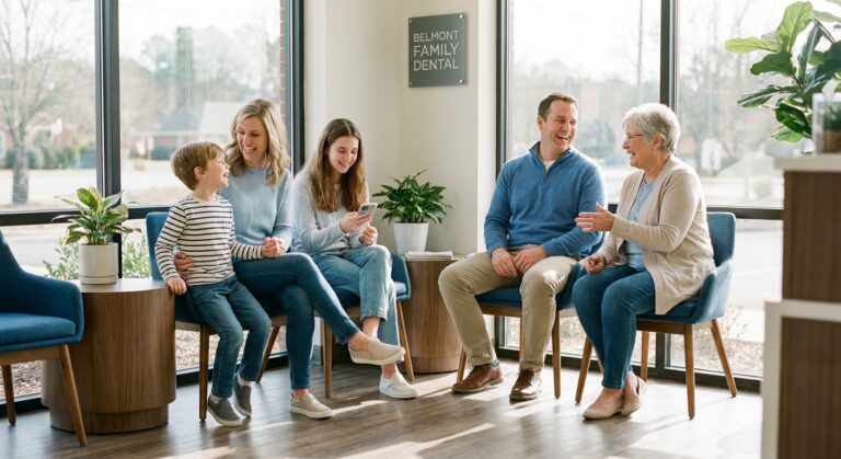 Multi-generational family sitting together in a welcoming dental office waiting room in Belmont, NC, preparing for their family dental appointments