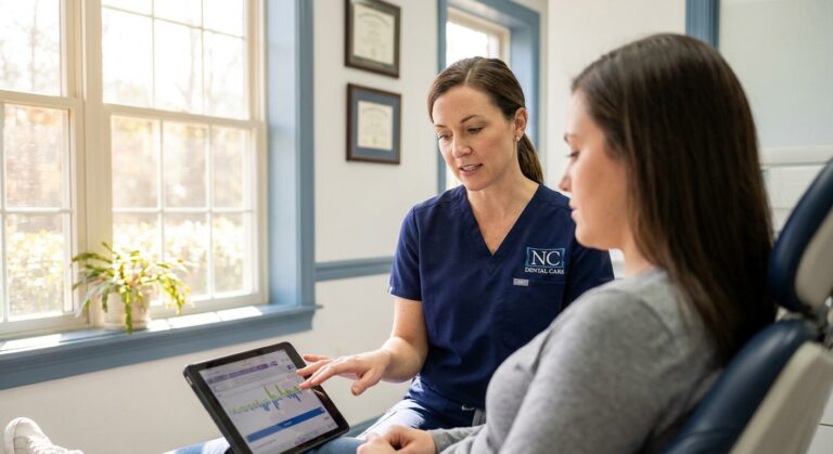 Dentist consulting with patient about cosmetic dental treatment options at Belmont Dental office